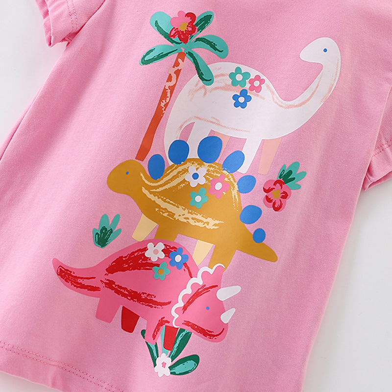 Summer Arrival Girls’ Cartoon Dinosaurs Pattern Short Sleeves Pink T-shirt in European and American Style