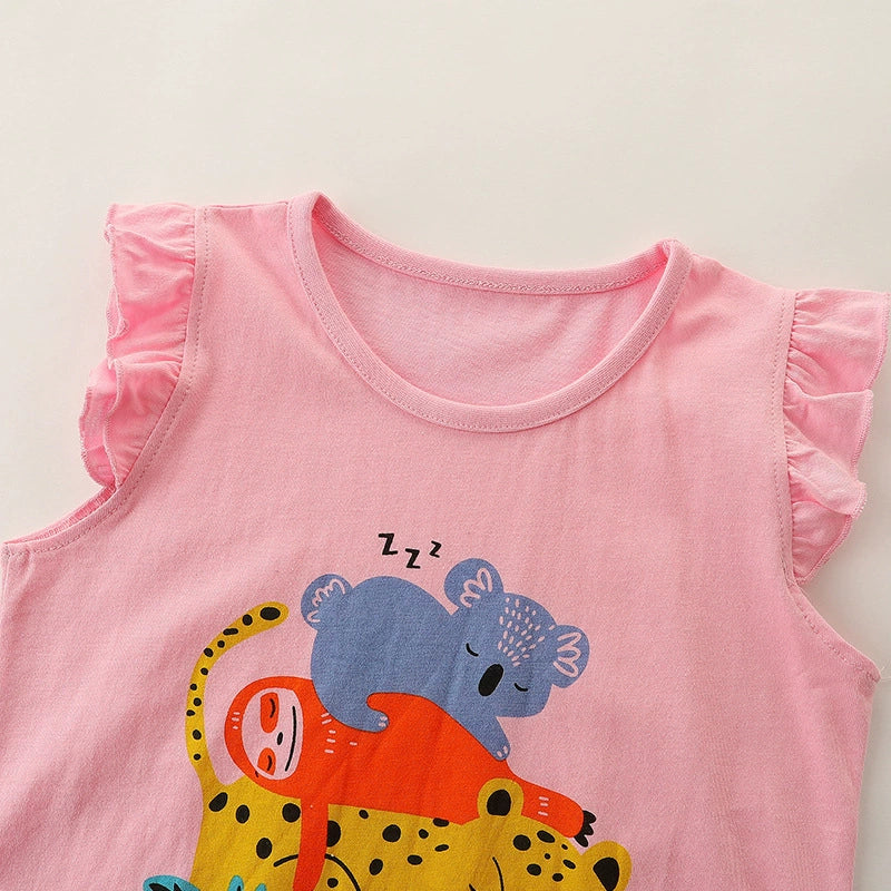 Summer Baby Kids Cartoon Animals Pattern Vest and Shorts Clothing Set for Girls