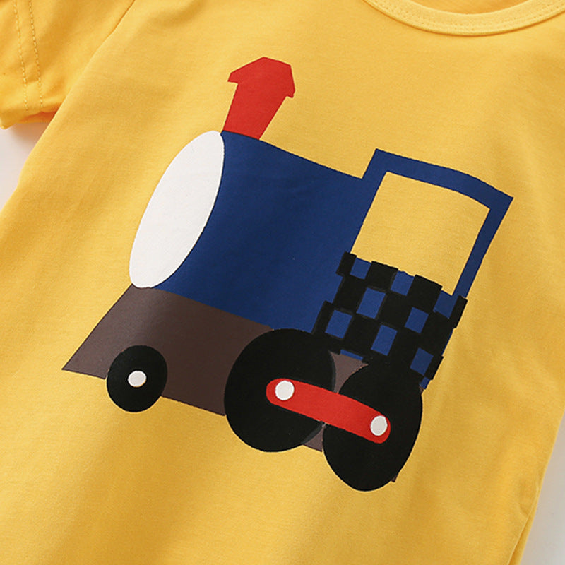 Summer Arrival Boys’ Train Cartoon Pattern T-shirt in European and American Style