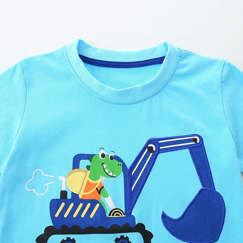 Summer Baby Kids Cartoon Excavator and Animals Pattern T-shirt and Shorts Clothing Set for Boys
