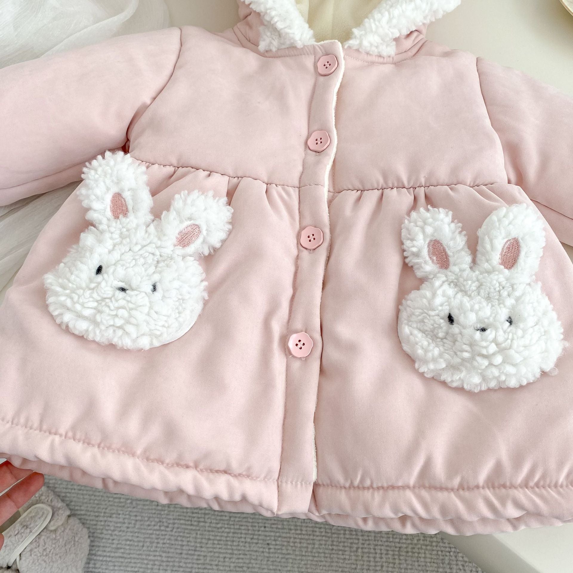 Winter Arrival Baby Kids Girls Rabbits Pattern Long Sleeves Fleece-Lined Coat
