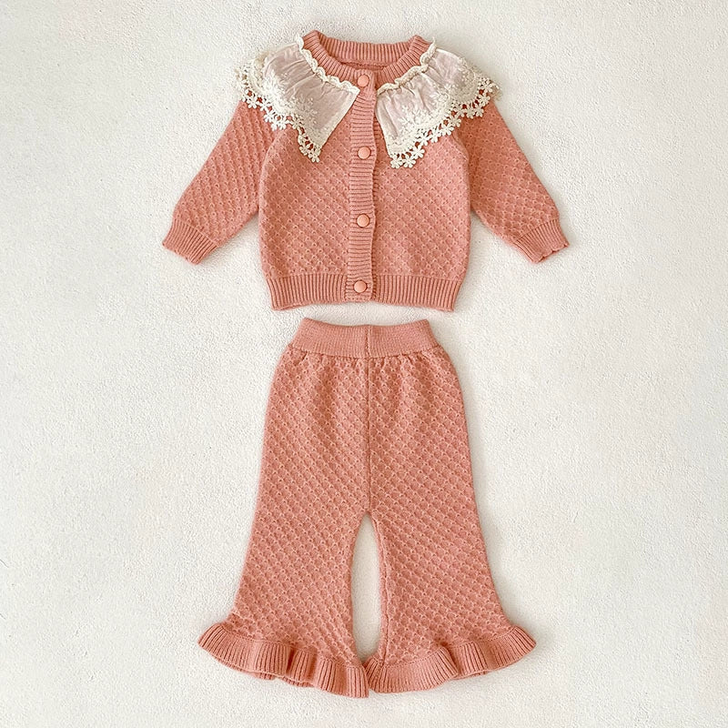 Arrival Autumn Baby Girls Long Sleeves Color Patchwork Geometric Jacquard Pattern Knitted Top Cardigan and Long Trousers Clothing Set