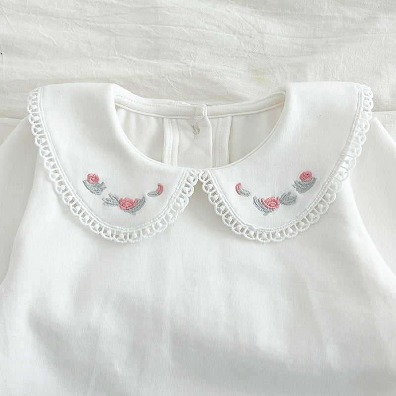 Spring Arrival Baby Girls Long Sleeves Floral Embroidered Peter Pan Collar bodysuit