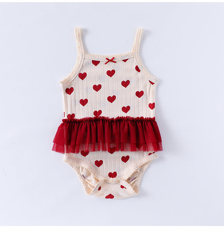 Summer Arrival Baby Girls Sleeveless Heart Pattern Tulle Patchwork bodysuit Bodysuits