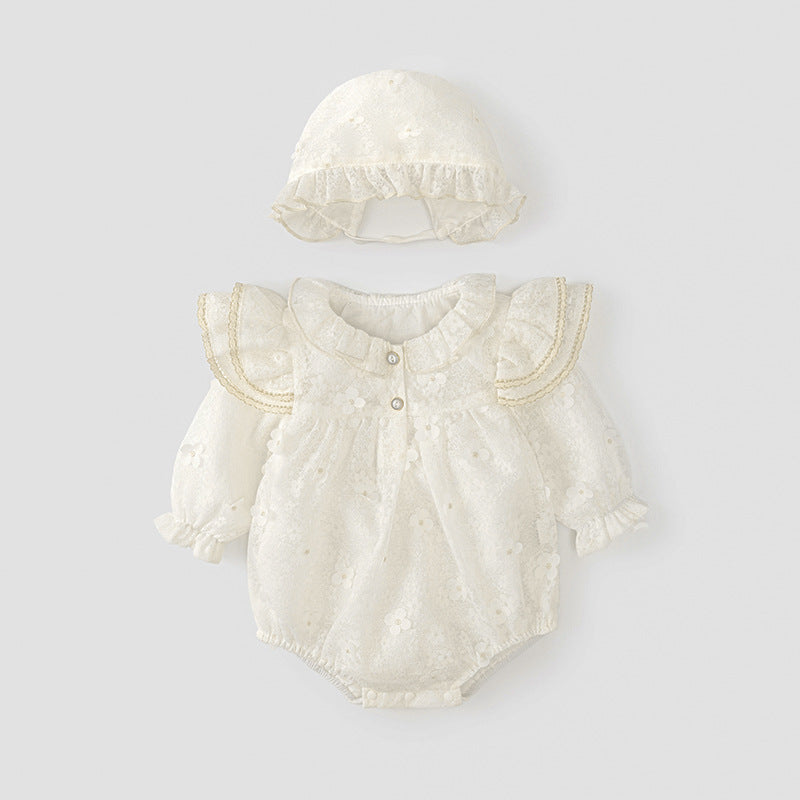 Autumn Arrival Solid Color Baby Girls Flowers Pattern Long Sleeves bodysuit with Princess Collar and Hat