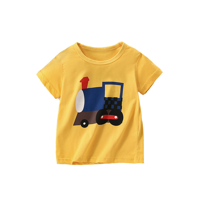 Summer Arrival Boys’ Train Cartoon Pattern T-shirt in European and American Style