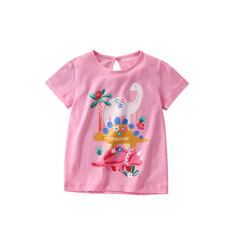 Summer Arrival Girls’ Cartoon Dinosaurs Pattern Short Sleeves Pink T-shirt in European and American Style