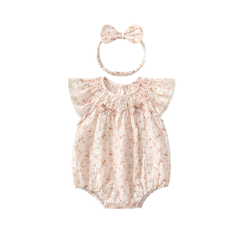 Summer Arrival Fly Sleeves Flowers Pattern Butterfly-bow Decorated bodysuit for Stylish Girls