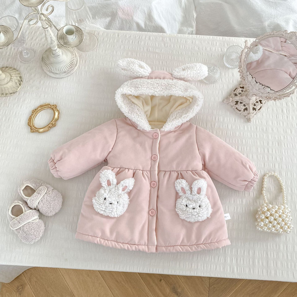 Winter Arrival Baby Kids Girls Rabbits Pattern Long Sleeves Fleece-Lined Coat